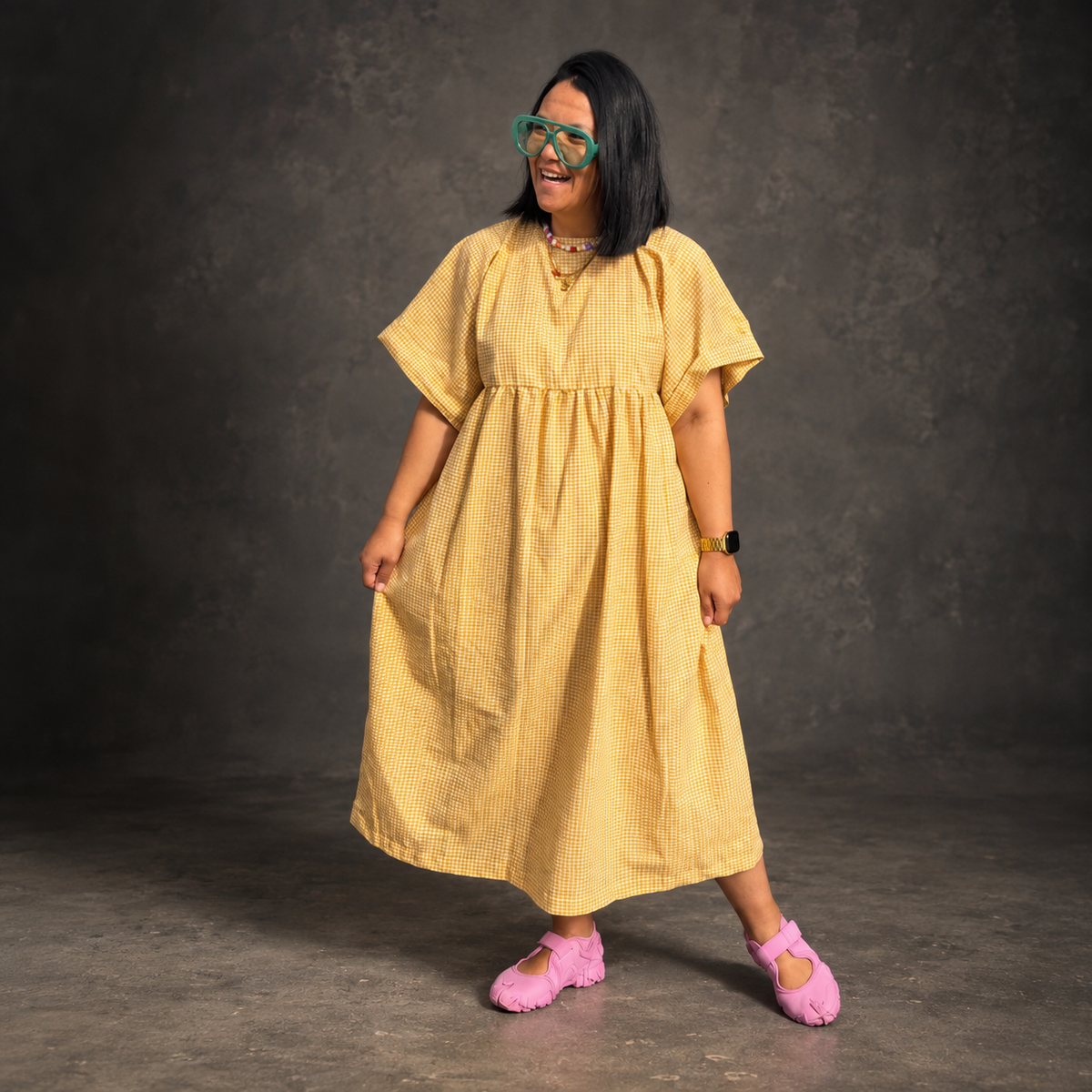 Mustard Gingham Babydoll Maxi Dress