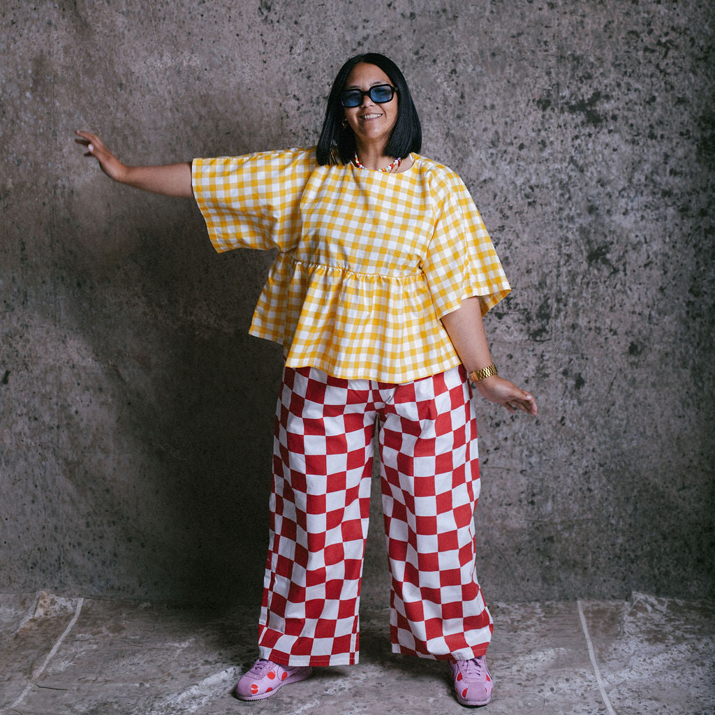 Red Check Wide-Leg Pants