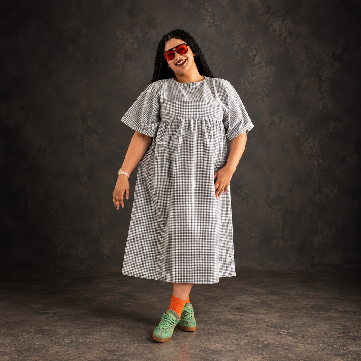 Light Grey & White Gingham Babydoll Dress