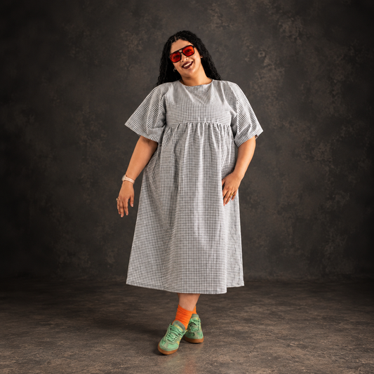 Light Grey & White Gingham Babydoll Dress