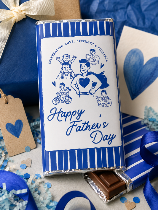 Father's Day chocolate bar with blue and white packaging featuring illustrations and text.