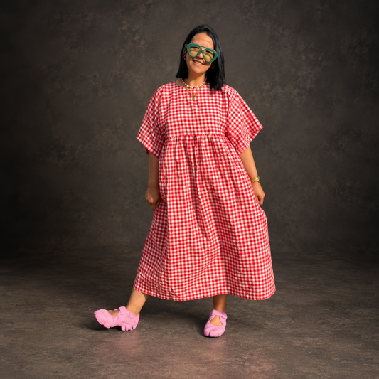 Red Gingham Smock Maxi Dress